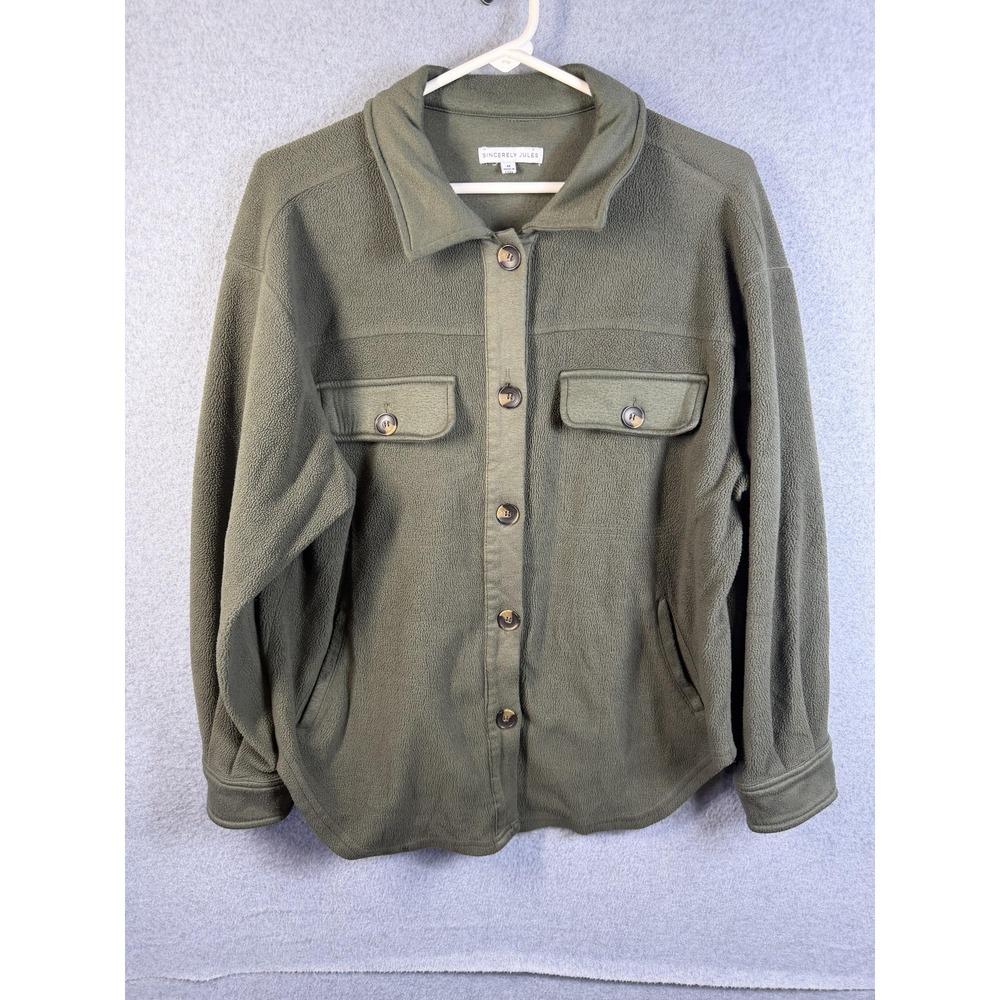 Sincerely Jules Jacket Womens Medium Green Fleece Button Front Shacket Casual